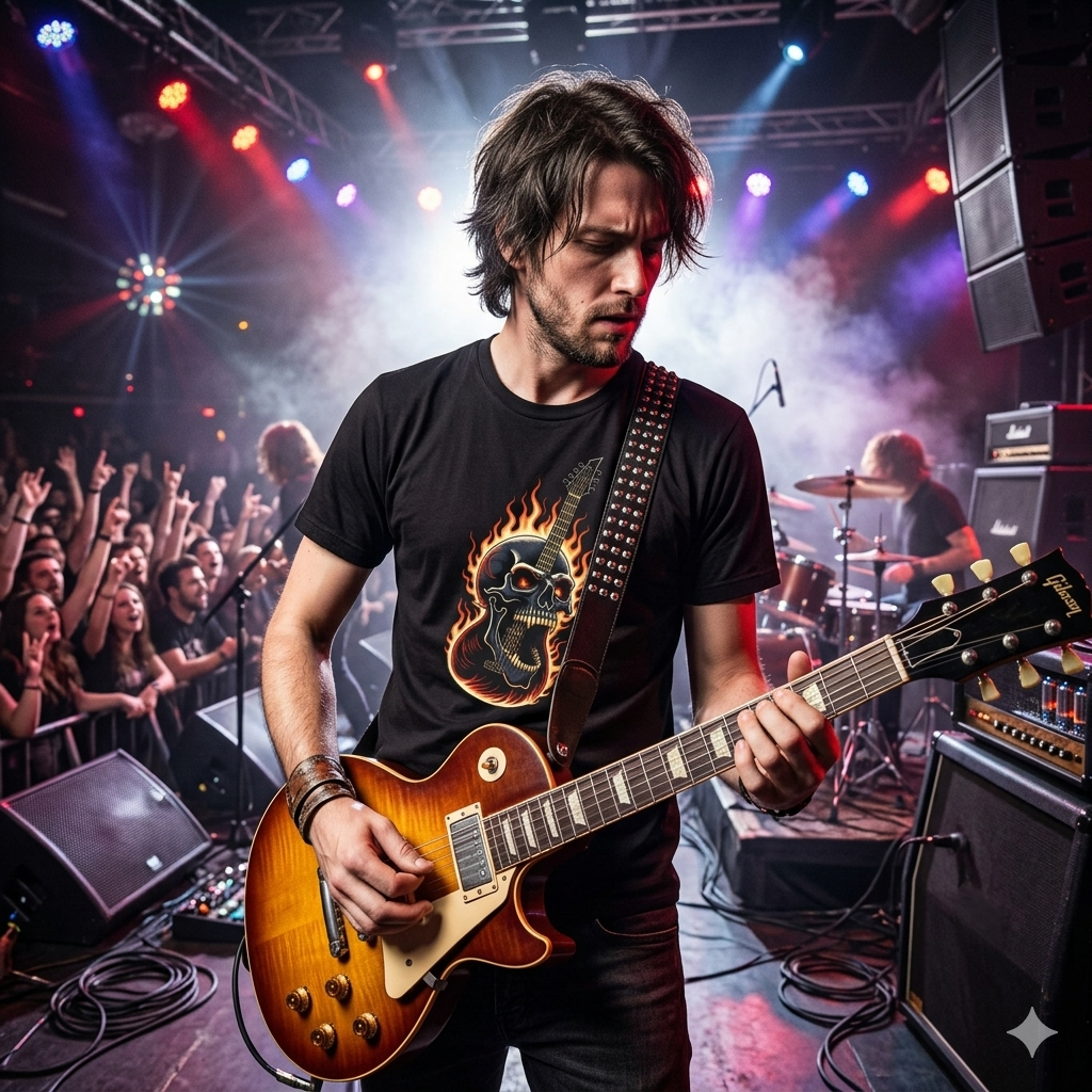 Guitarist performing on stage with colourful lights and a crowd in the background wearing a black "Flaming Skull Guitar" Premium T-Shirt - Ignite Your Metal Soul!