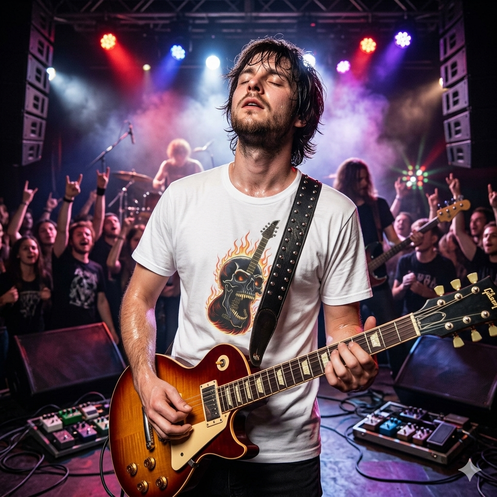 Guitarist performing on stage with colourful lights and a crowd in the background wearing white "Flaming Skull Guitar" Premium T-Shirt - Ignite Your Metal Soul!