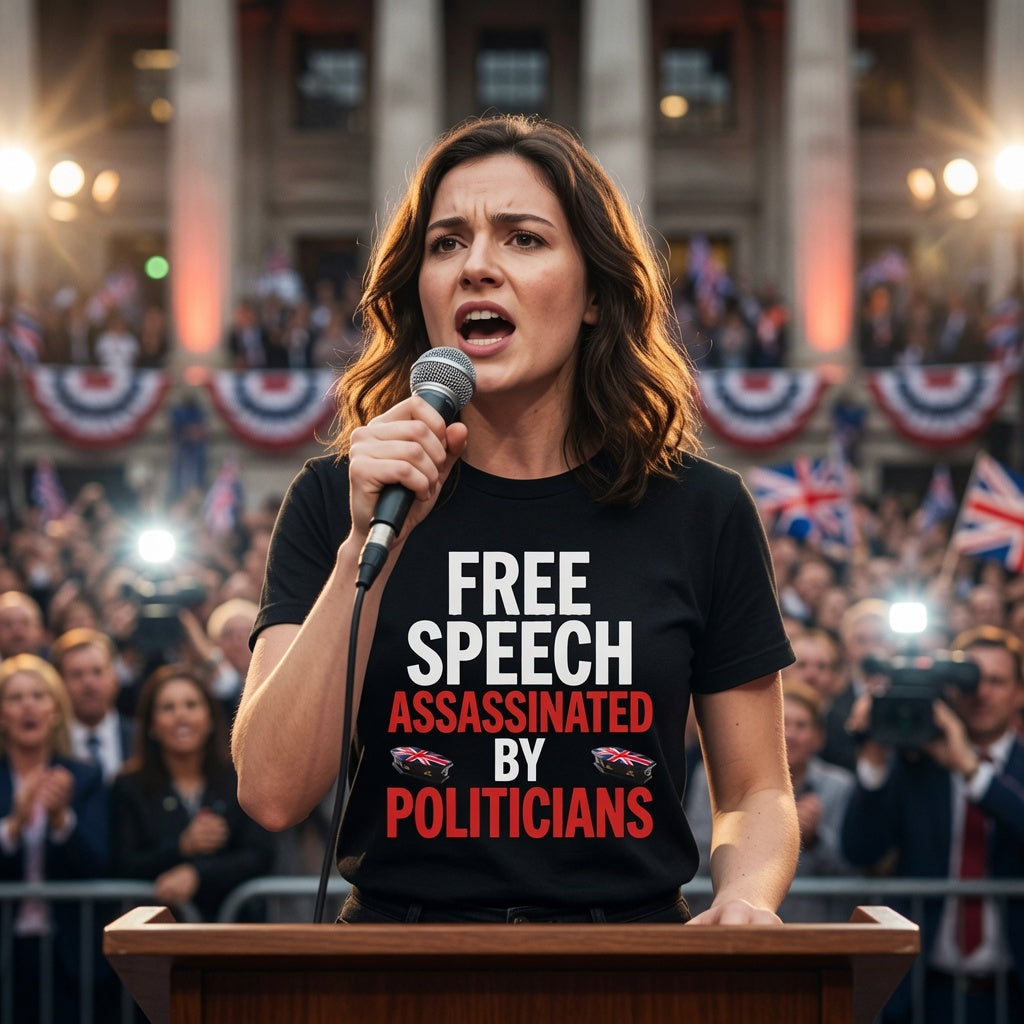 Woman speaking at a podium with a microphone, wearing a black t shirt with a political message,  free speech assassinated by politicians in front of a crowd.