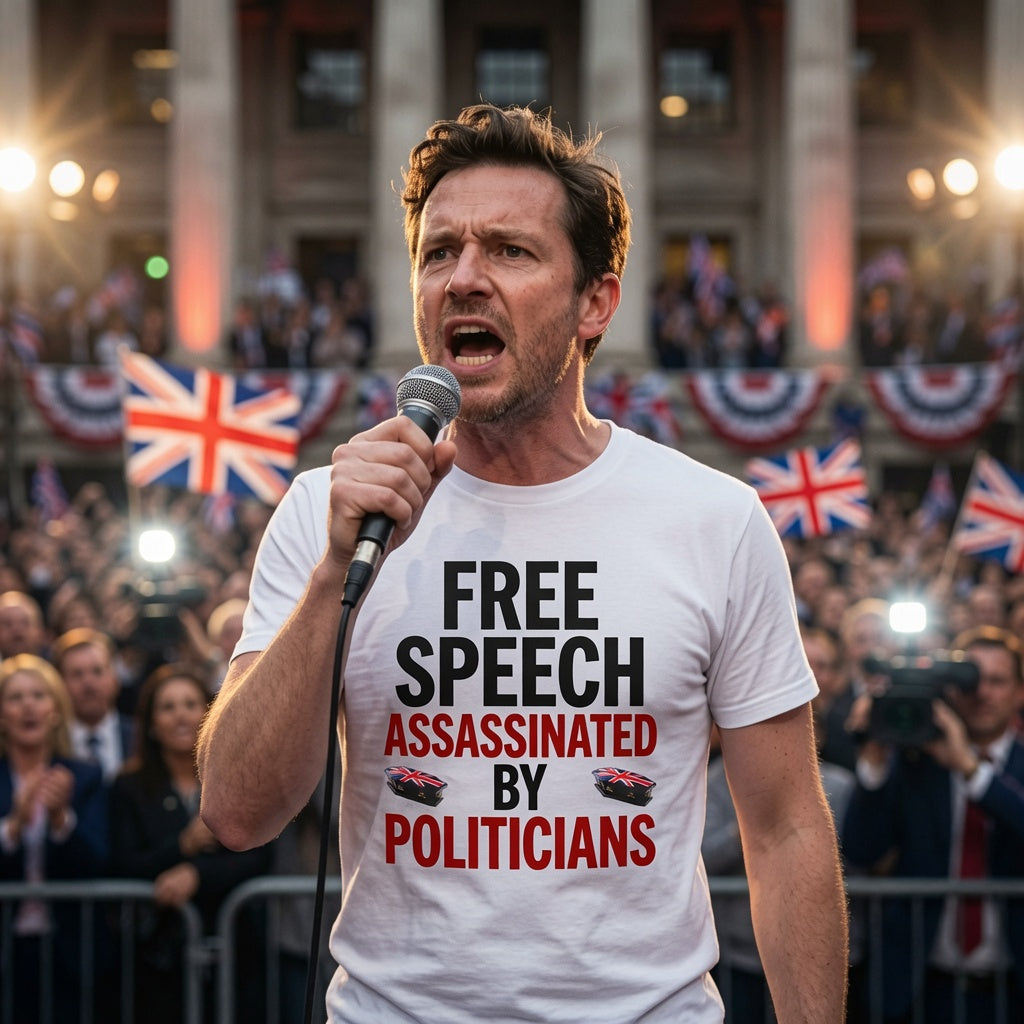Man speaking into a microphone at a protest with British flags in the background wearing a white t shirt with text free speech assassinated  by politicians