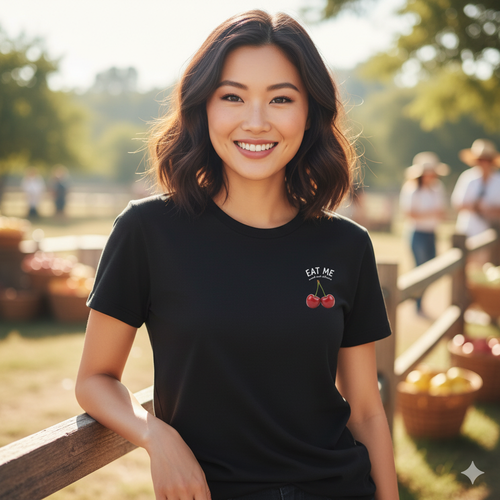 A woman wearing a black t-shirt with a red cherry design,   text eat me sweet and delicious, standing outdoors.