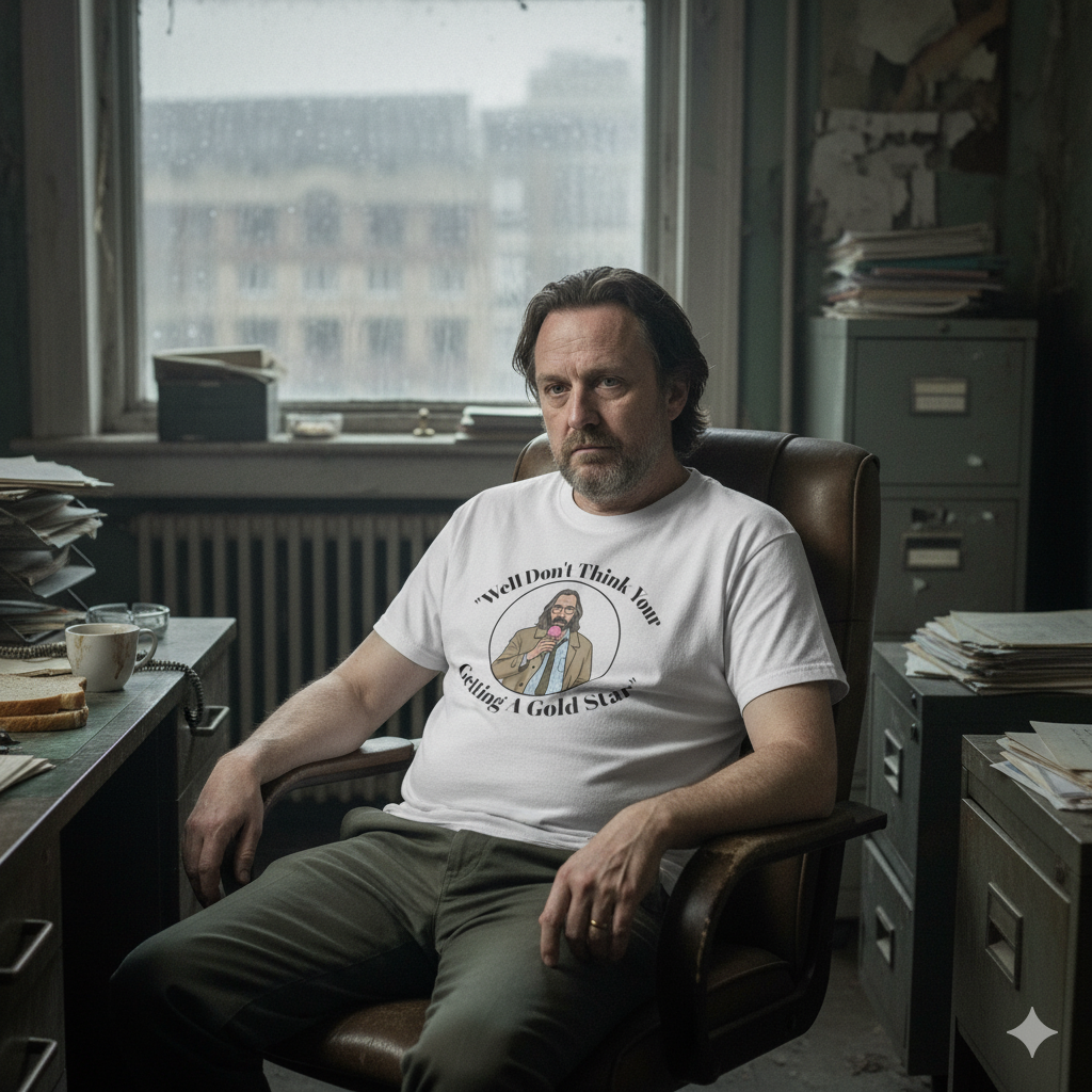 Man sitting in an office chair wearing a white t-shirt with text and graphics, surrounded by office furniture and decor.
Jackson lamb slow horses "well don't think your getting a gold star" quote