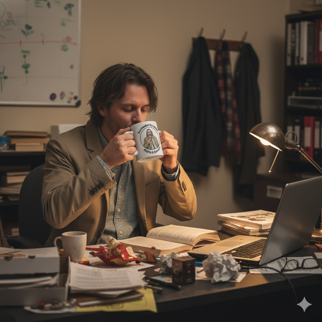 Man in scruffy office, DRINKING from Jackson lamb, slow horses coffee mug with text surrounded by losers misfits and boozer