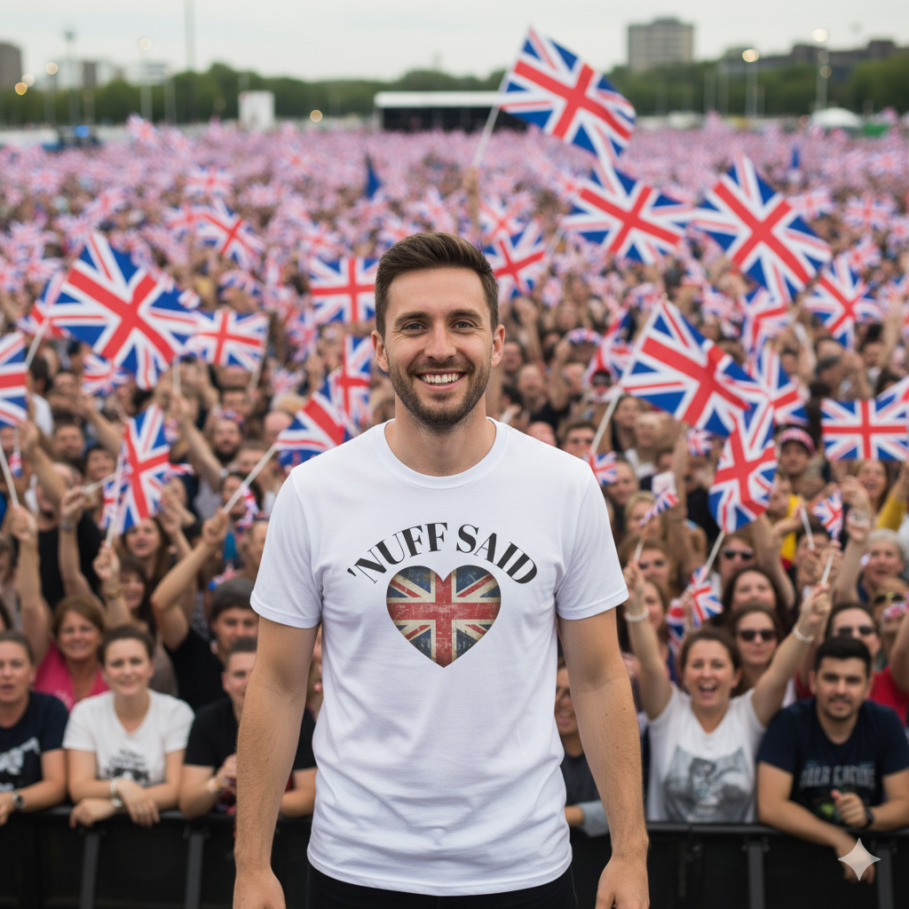 Man wearing a white t-shirt with a VINTAGE UNION JACK heart design and text, 'NUFF SAID, standing in front of a crowd holding British flags.