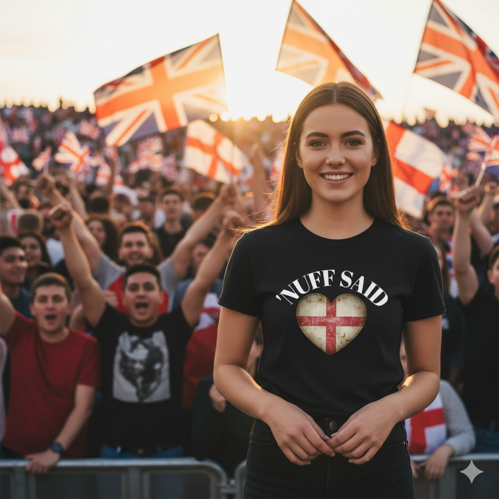 Woman wearing a 'Nuff Said' t-shirt with a heart design St. George of England in a crowd holding British flags.