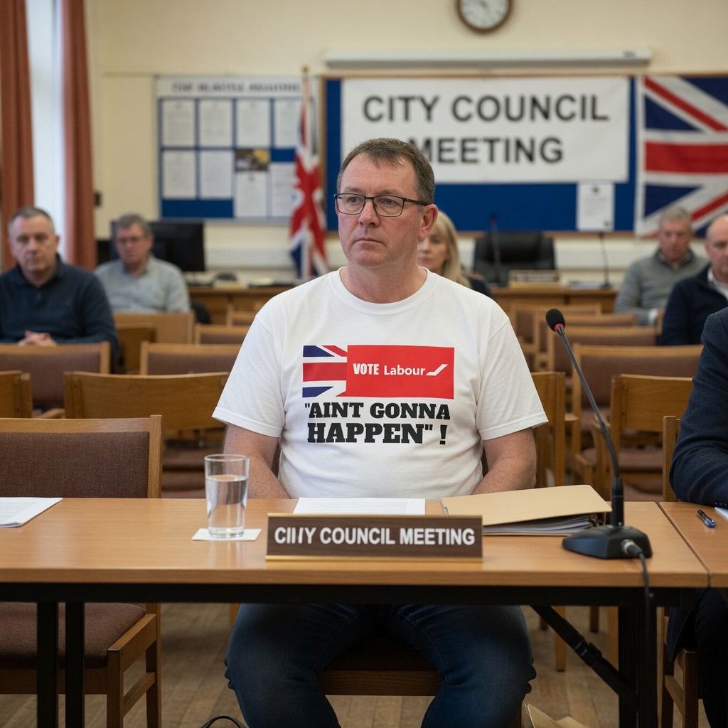 Person wearing a white t-shirt with anti labour political message at a city council meeting