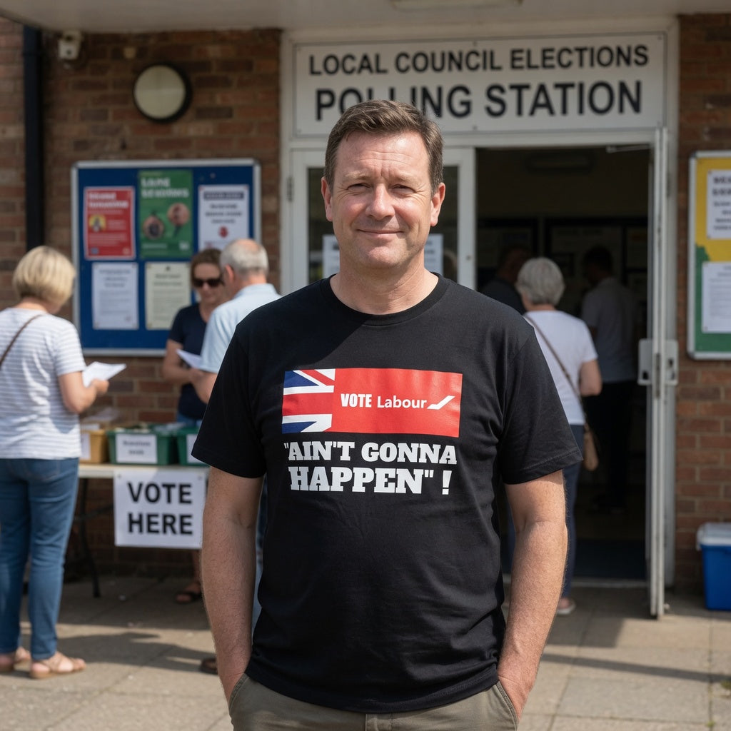 Man wearing a black t shirt with ain't gonna vote labour graphic outside local polling station