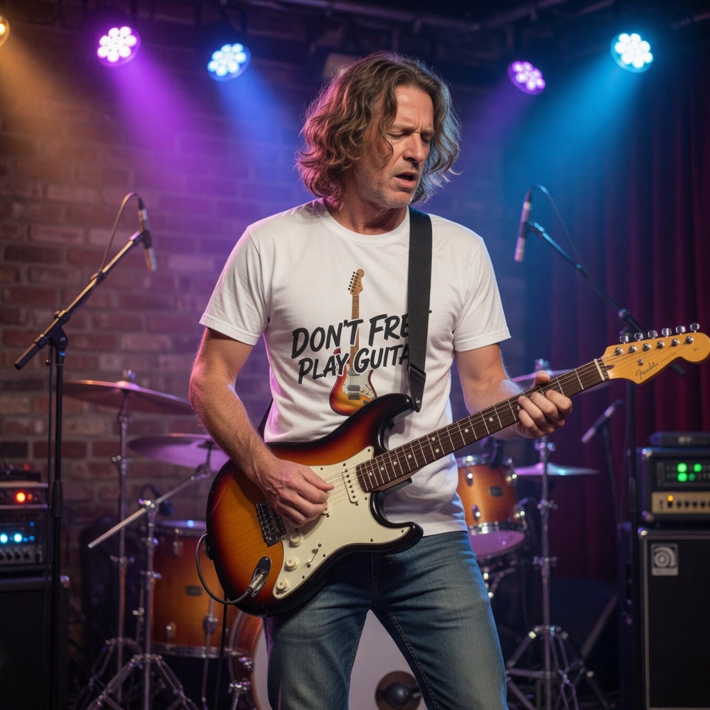 Graphic don't fret play guitar white t shirt with guitar player