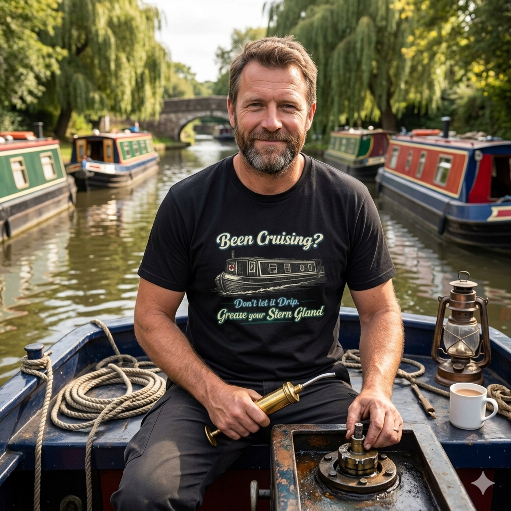 Man wearing a black t shirt with funny  graphic been cruising ? don't let it drip grease your stern gland, sitting on a boat with canal boats and greenery in the background