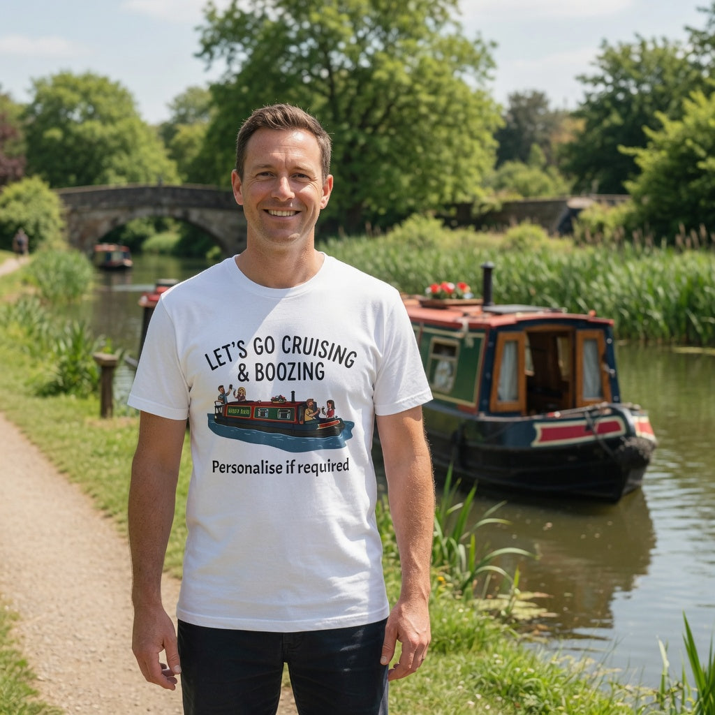 Man wearing a white t-shirt with a boat graphic and text Let's Go Cruising & Boozing T-Shirt —  Personalised Canal Boat Party Tee  standing by a canal with a boat in the background.