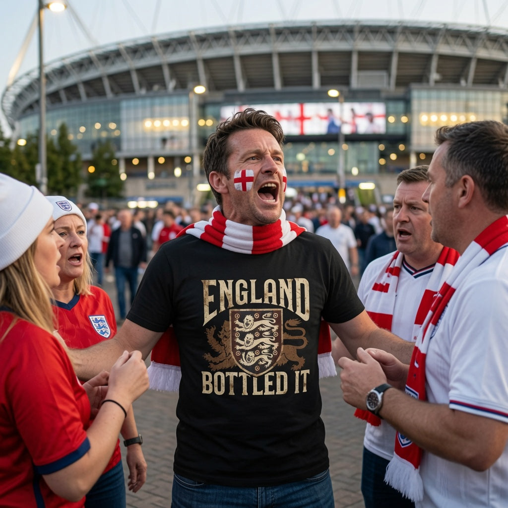 Black T-Shirt graphic design "ENGLAND" + Three Lions crest + "BOTTLED IT" in distressed vintage style