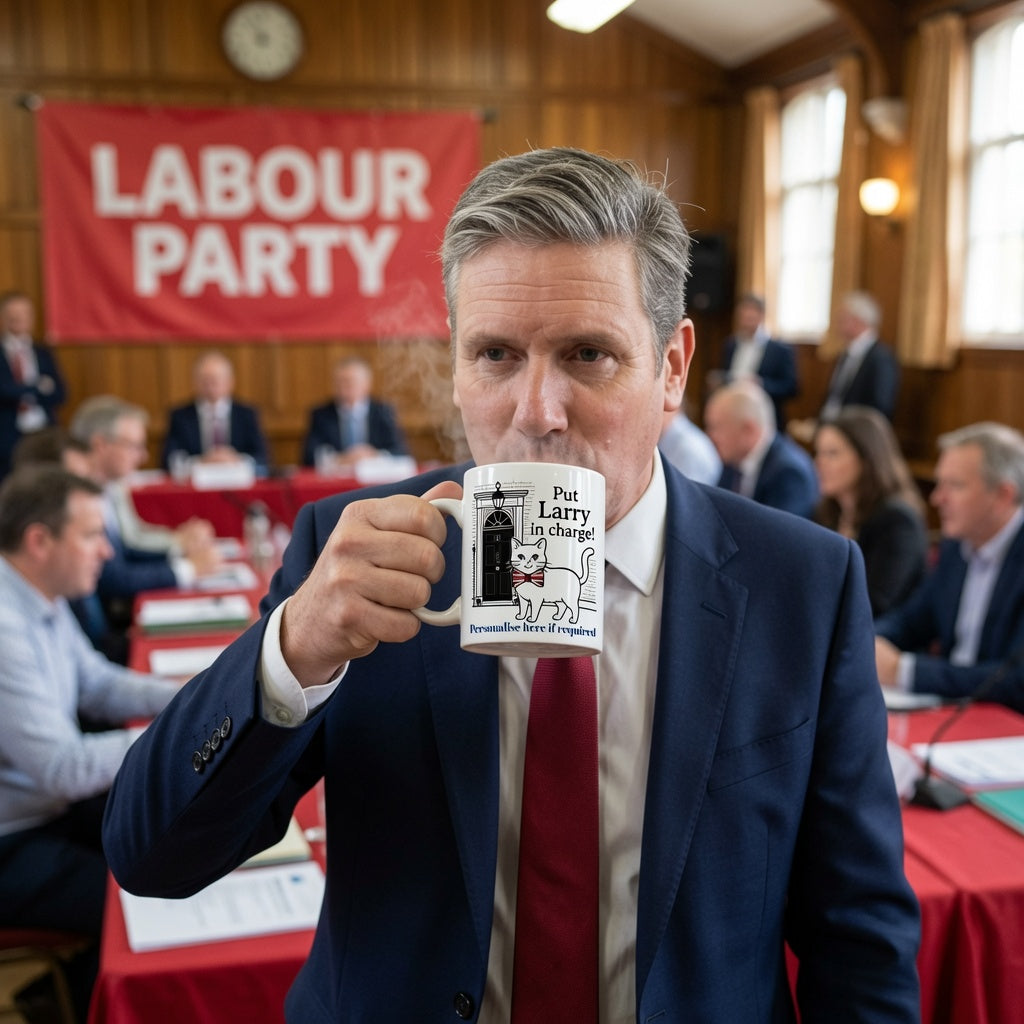 Kier Starmer in a navy suit and red tie holds up a white ceramic mug with a black graphic and text, Put Larry in charge for P M set in a crowded room with a red Labour Party banner in the background.