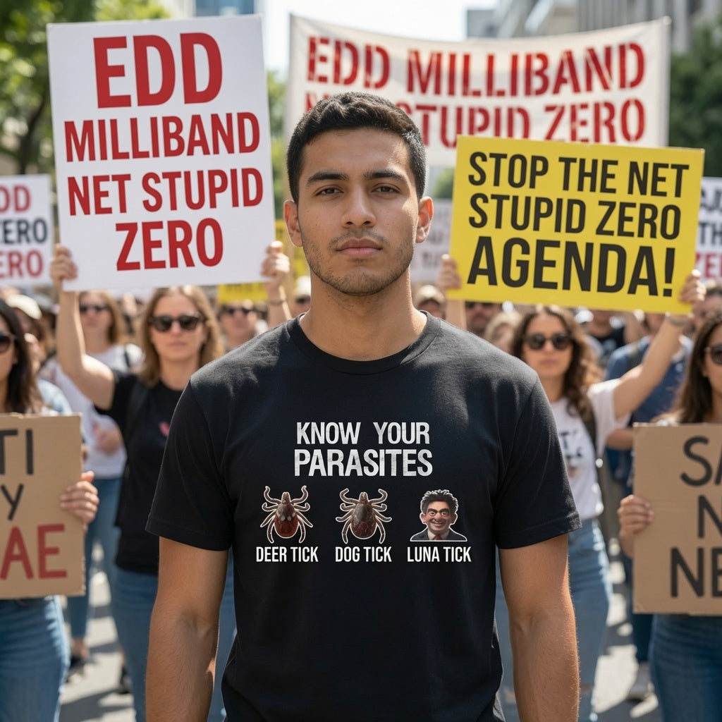 A man stands in a protest wearing a black graphic T-shirt with white text reading 'KNOW YOUR PARASITES' and tick illustrations labeled deer tick, dog tick, and luna tick. Protesters holding signs are visible in the background, including one that says 'EDD MILLIBAND NET STUPID ZERO' and another that says 'STOP THE NET STUPID ZERO AGENDA!'.