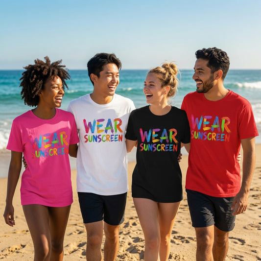 Four people standing on a sandy beach wearing matching graphic T-shirts with the text 'WEAR SUNSCREEN' in rainbow colors. The shirts are in pink, white, black, and red, with the ocean and blue sky in the background.
