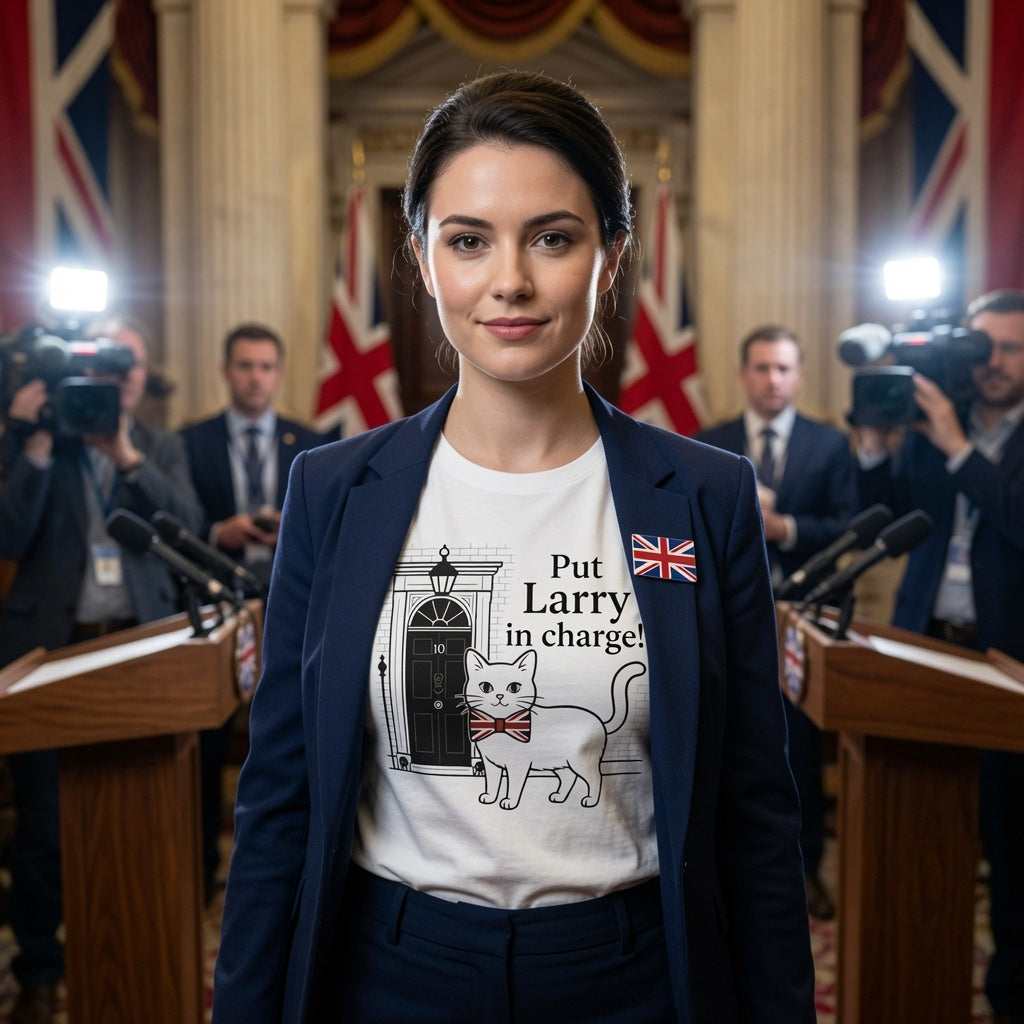 A woman stands in a formal hall wearing a navy blazer over a white graphic T-shirt with a cat illustration and the text 'Put Larry in charge!' A small Union Jack pin is on her blazer. Photographers and microphones are visible in the blurred background.