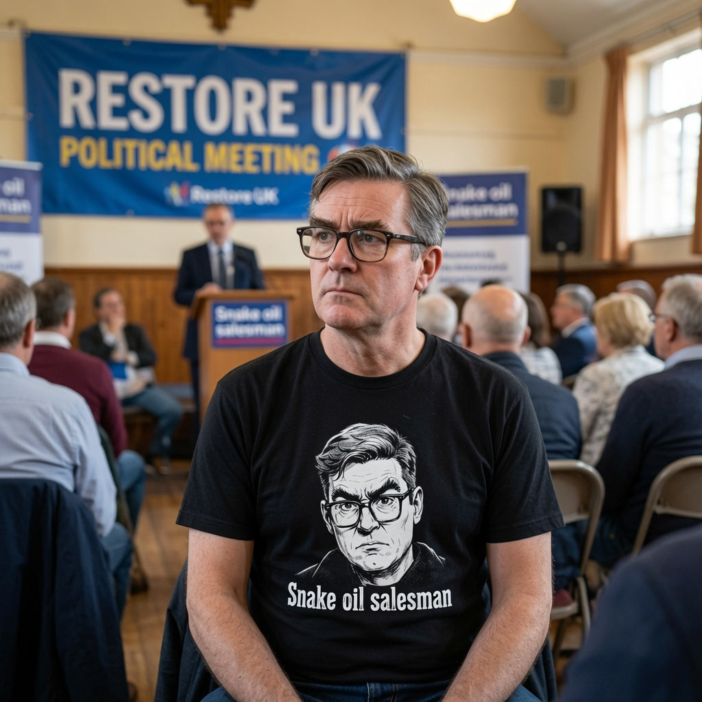 A man wearing a black graphic t-shirt with a white line drawing of Andy Burnham's face and the text 'Snake oil salesman' sits in an audience at a political meeting. A blue 'RESTORE UK POLITICAL MEETING' banner is visible in the background.