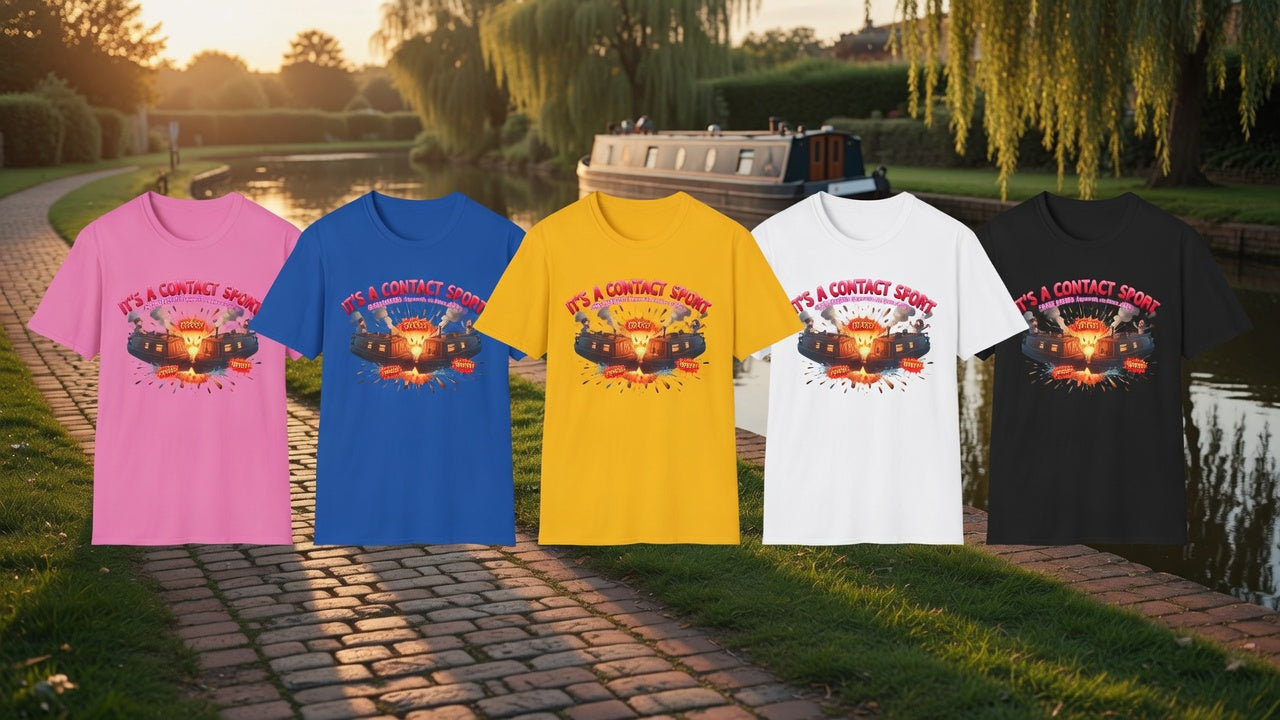 Five graphic t-shirts in pink, blue, yellow, white, and black are displayed side-by-side against a background of a canal-side park at sunset.