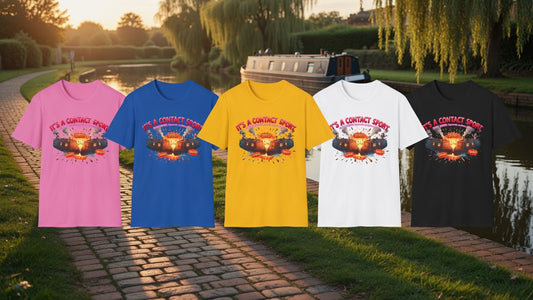 Five graphic t-shirts in pink, blue, yellow, white, and black are displayed side-by-side against a background of a canal-side park at sunset.