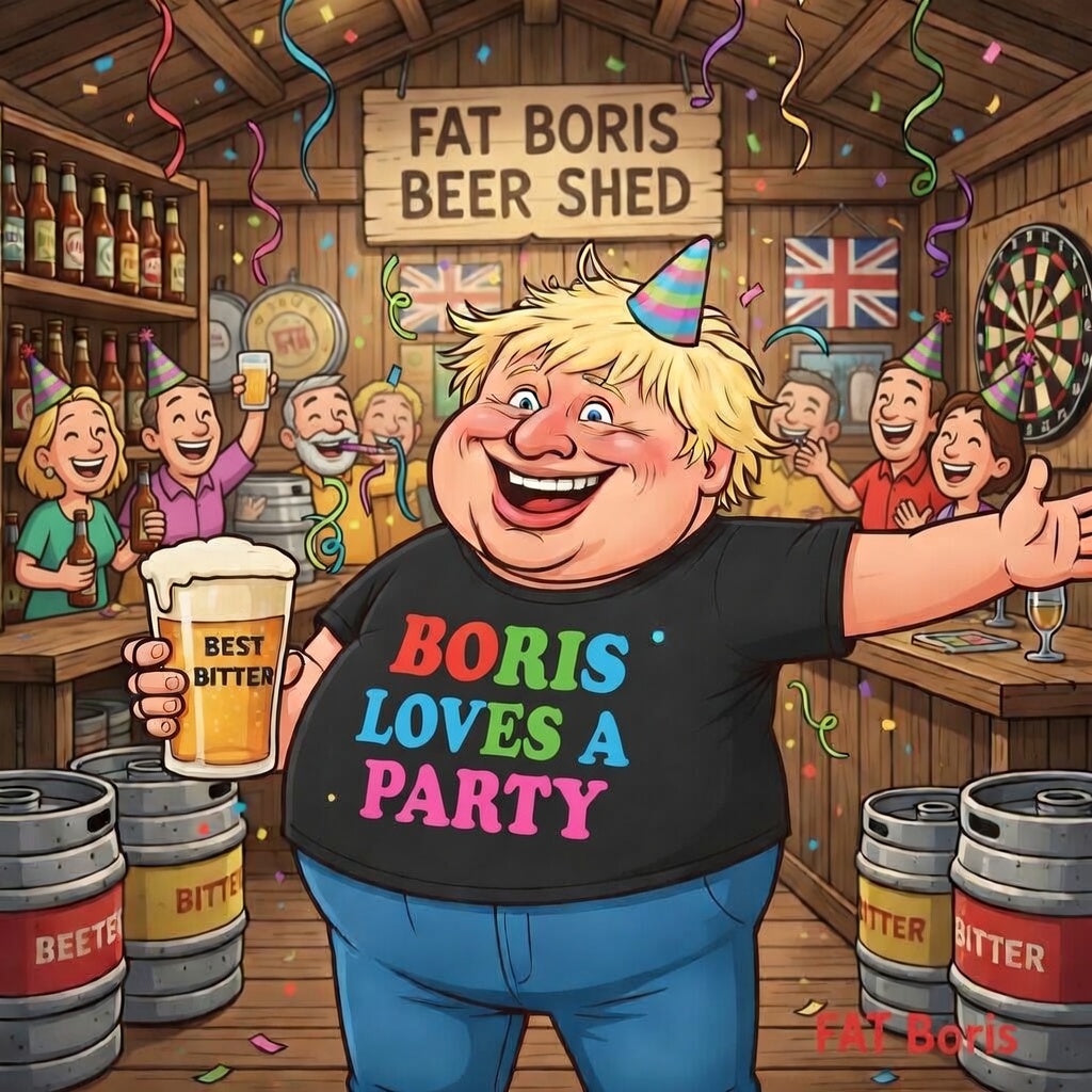 Cartoon image Boris Johnson loves a party t shirt in his fat Boris beer shed political satire