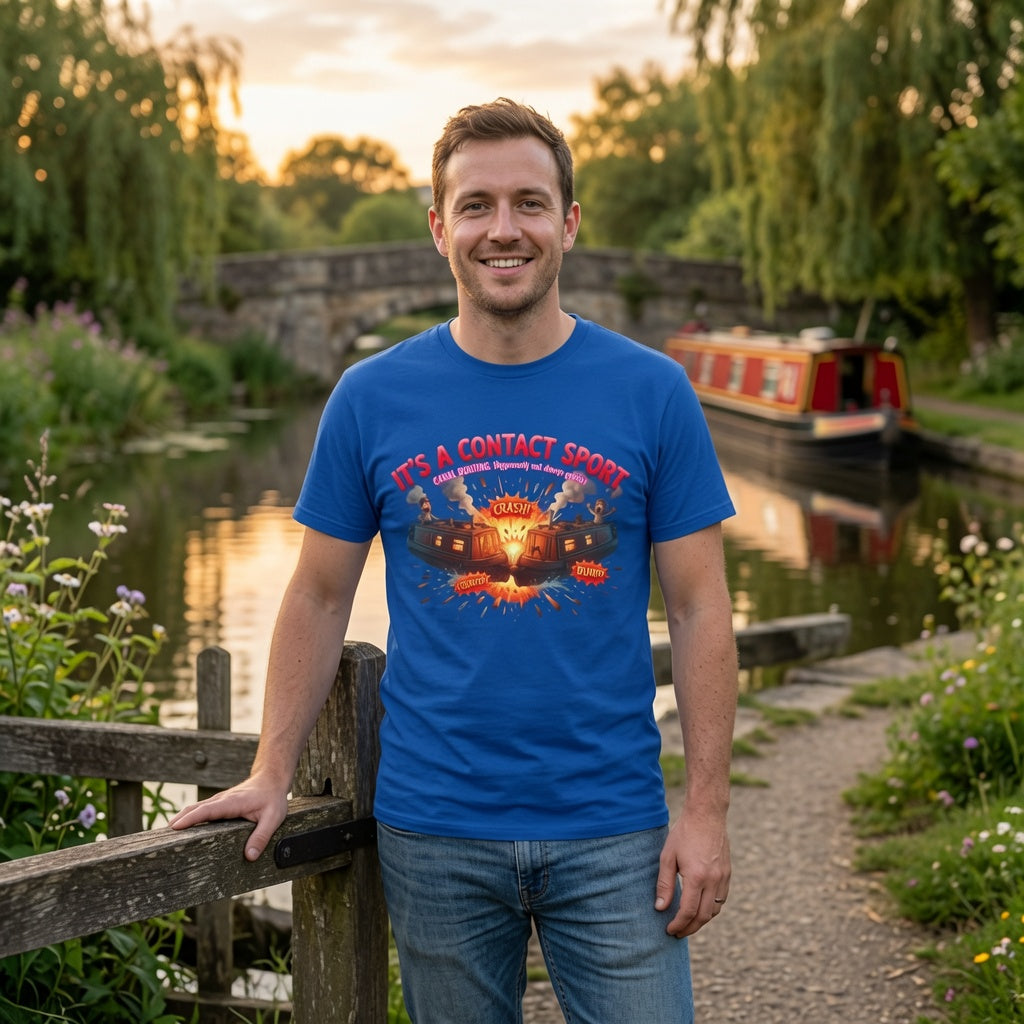 A man standing outdoors by a canal at sunset wearing a bright blue graphic T-shirt with a red, orange, and white explosion-style print and the text 'IT'S A CONTACT SPORT'.