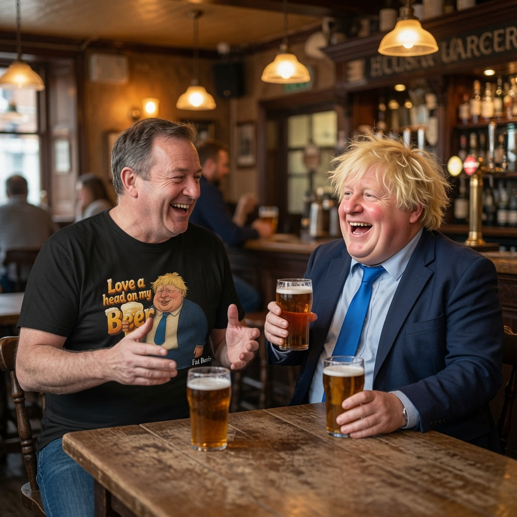 Two men laughing at a wooden table in a pub, each holding a pint of beer. The man on the left wears a black graphic T-shirt with a cartoon portrait and the text 'Love a head on my Beer', while  Boris Johnson the man on the right wears a navy suit and blue tie.
