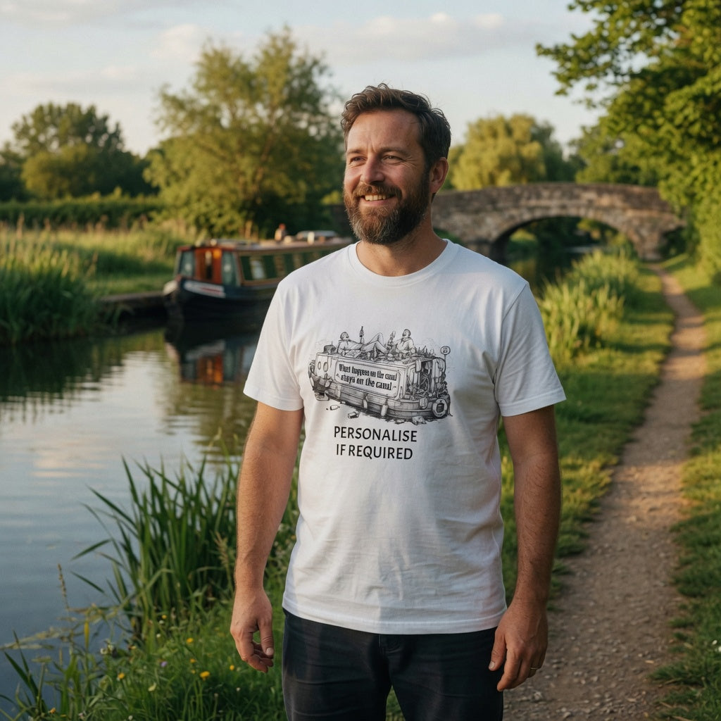 Man wearing a white t-shirt with a printed design and text, what happens on the canal stay on the canal beer humour, standing by a canal with a boat and bridge in the background.