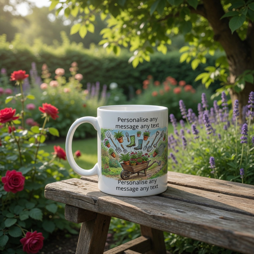 Personalised Mug with gardening-themed design on a wooden bench in a garden setting