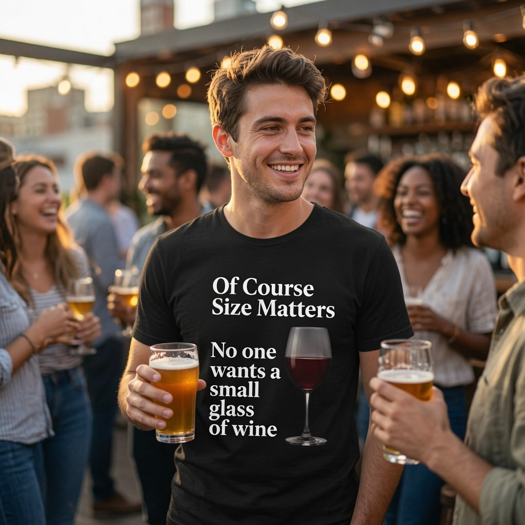 T-Shirt — "Of Course Size Matters: No One Wants a Small Glass of Wine" Wine Lover Tee Fat Boris