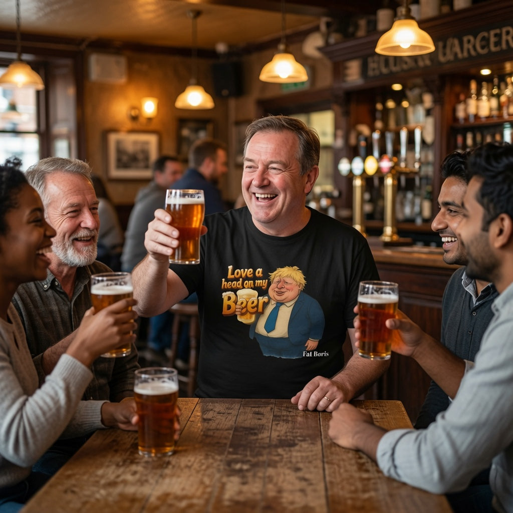 A group of four friends laughing and toasting with pint glasses at a wooden bar table in a pub. The central man is wearing a black graphic t-shirt with a cartoon illustration of Donald Trump and the text 'Love a head on my Beer' and 'La Bebe'.