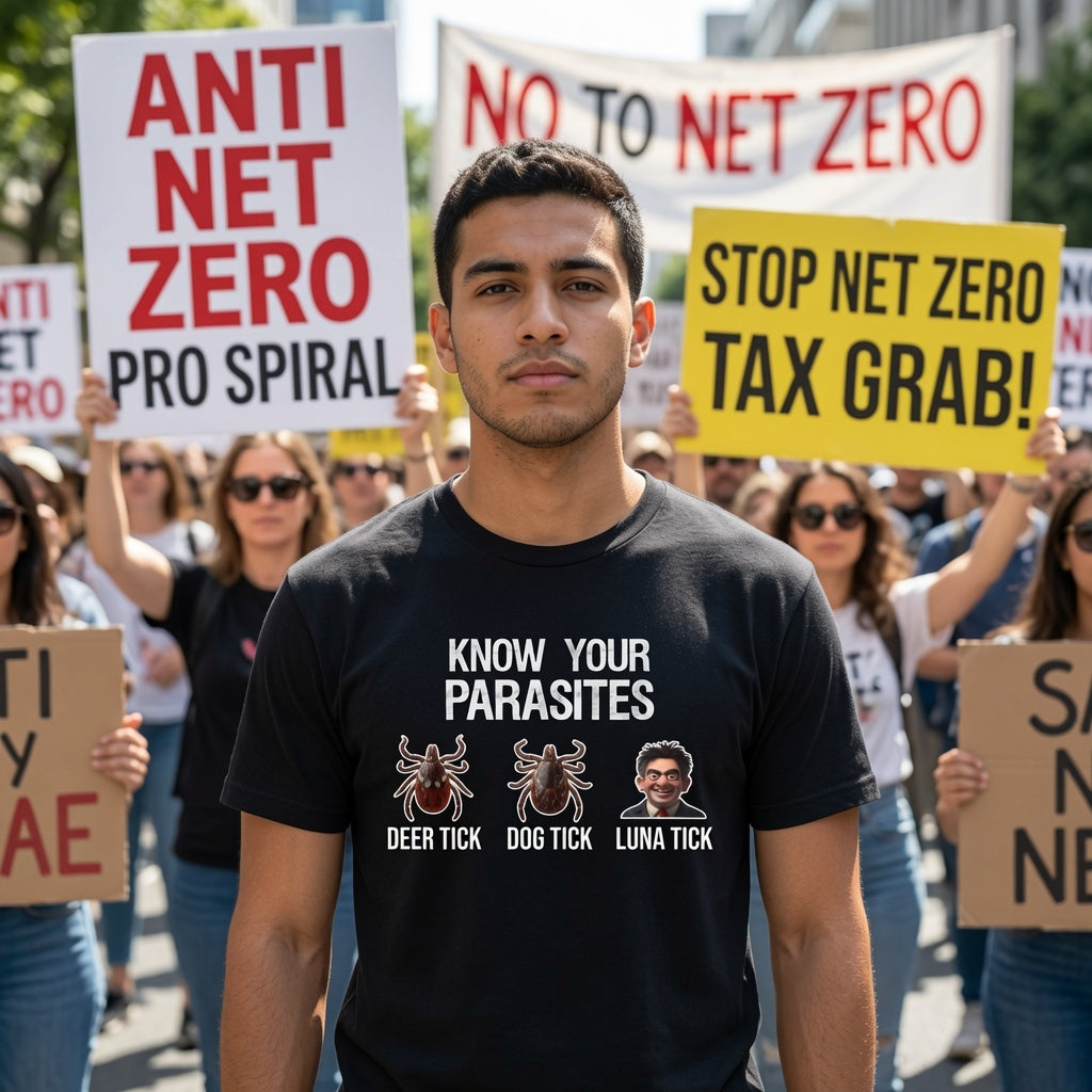A man wearing a black graphic t-shirt stands in the middle of a protest. The shirt features white text reading 'KNOW YOUR PARASITES' above illustrations of a deer tick, dog tick, and Luna tick, with a small portrait of Ed Miliband