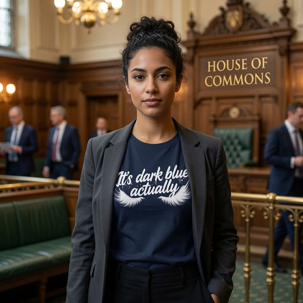 A woman stands in the houses of parliament, wearing a dark navy graphic T-shirt under a charcoal blazer. The shirt features the text 'It's dark blue actually' in white script with white eyelash graphics. Andy Burnham satire