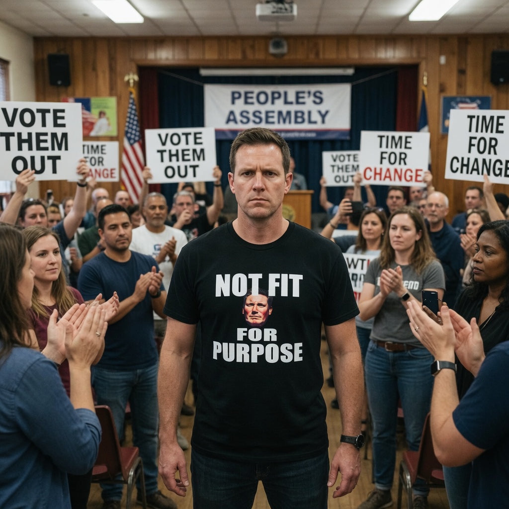 Man wearing a black t-shirt with text not fir for purpose kier Starmer graphic standing in front of a crowd at a political meeting holding signs.