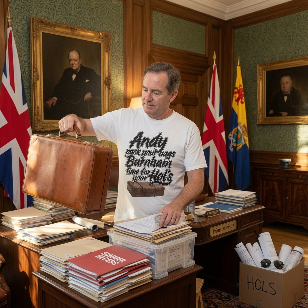 A man in a vintage office setting wearing a white graphic t-shirt that reads 'Andy pack your bags Burnham time for Hols'. He is holding a brown leather briefcase, surrounded by stacks of papers, flags, and framed portraits.