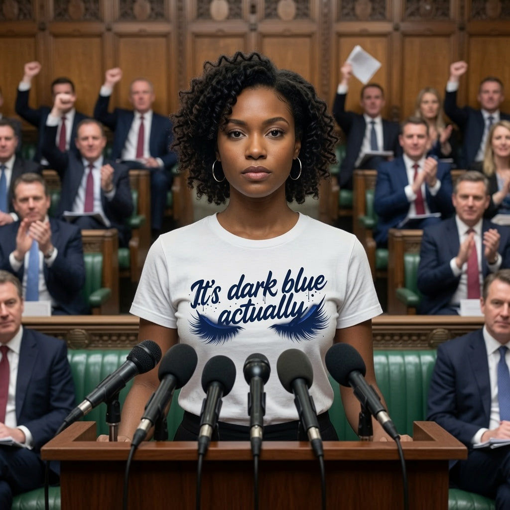 A woman stands at a podium in a uk parliamentary-style hall wearing a white graphic T-shirt that reads 'It's dark blue actually' with blue eye lash graphics.  Andy burnham satire People in suits and blue chairs are visible in the background.