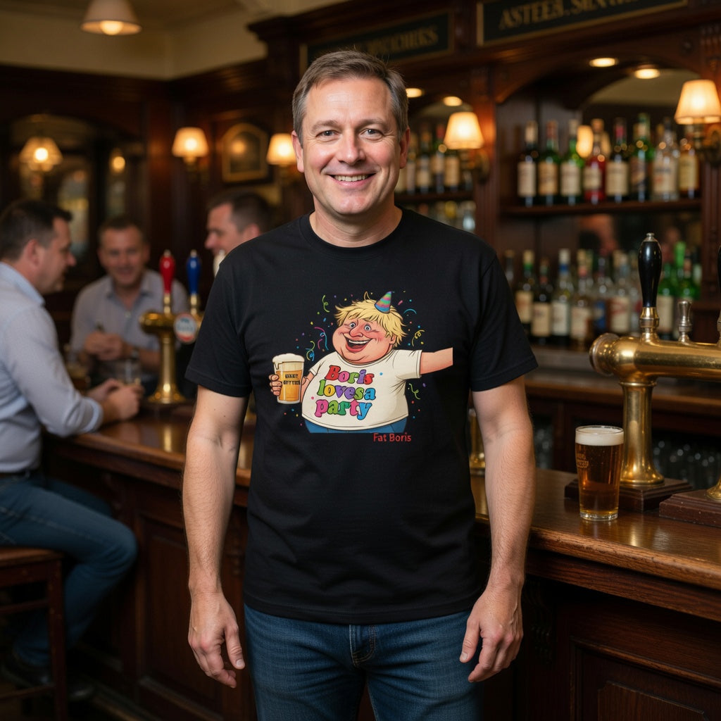 Man in a bar wearing black t shirt with graphic Boris loves a party  political satire t shirt