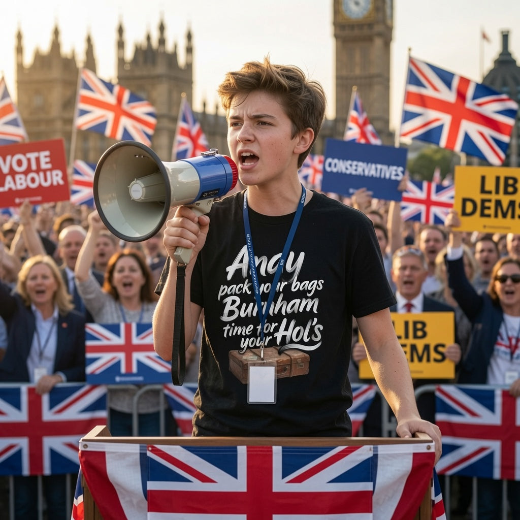 A young man stands at a podium with a Union Jack flag, holding a megaphone and wearing a black graphic T-shirt that reads 'Andy pack your bags Burnham time for your Hol's'. Behind him is a crowd holding Union Jack flags and political signs, with historic big ben building in the background.