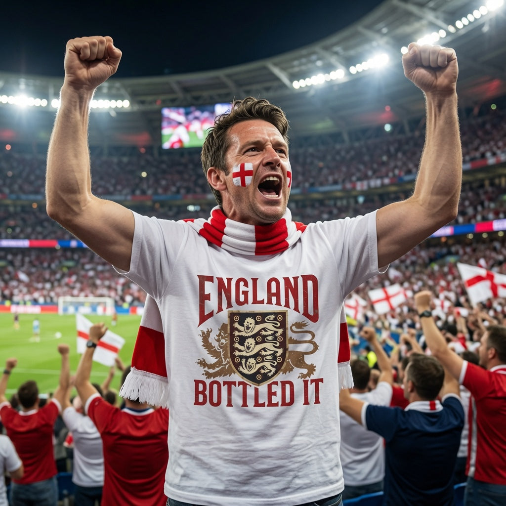 White T-Shirt graphic design "ENGLAND" + Three Lions crest + "BOTTLED IT" in distressed vintage style