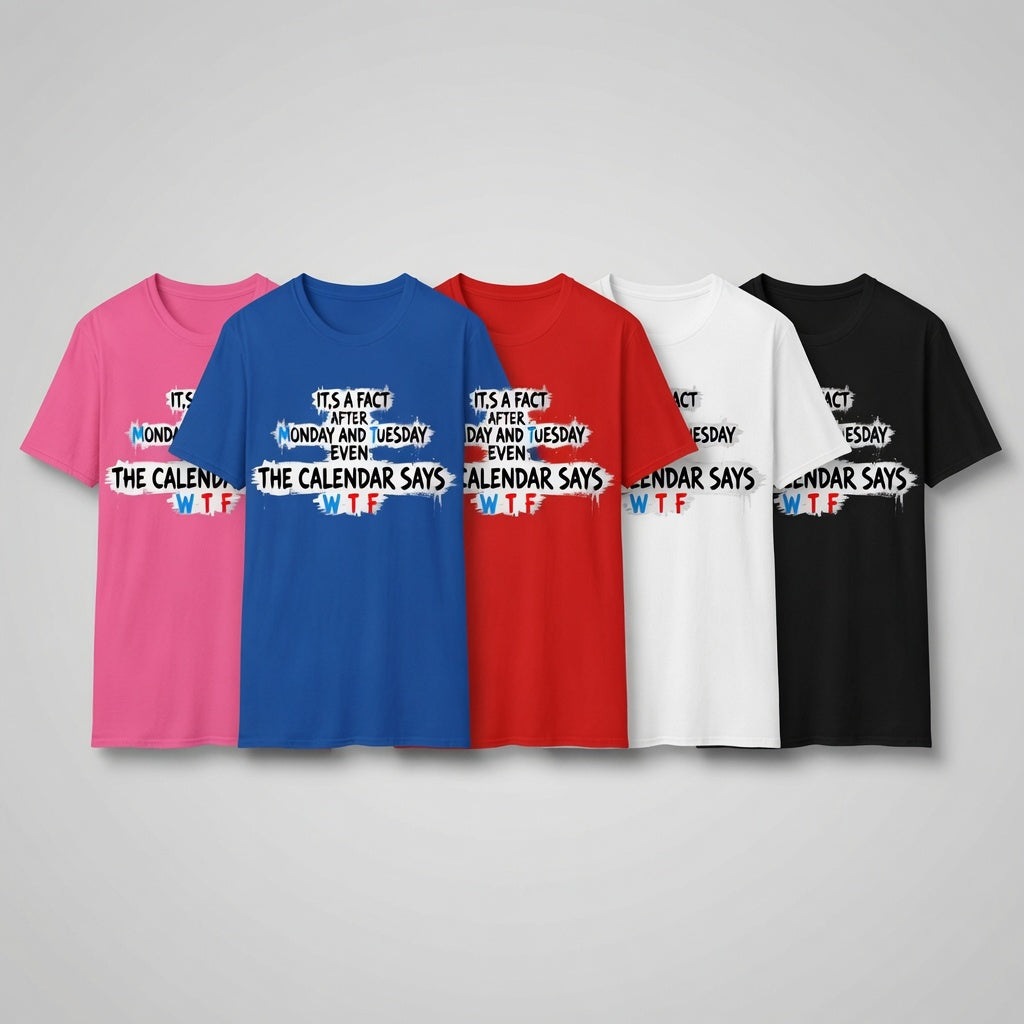 Funny WTF Calendar T-Shirts colours red, blue, black, white, pink 