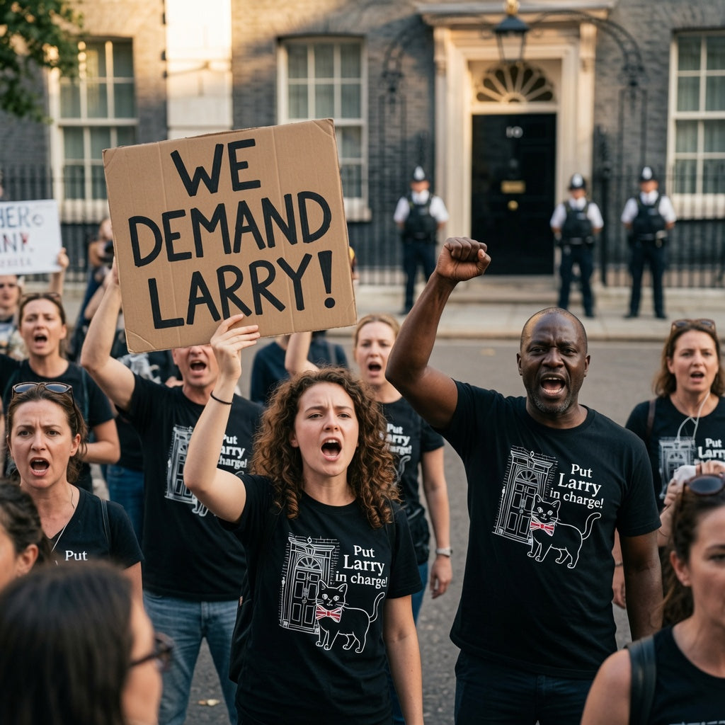 A group of protesters marching in front of 10 downing street, with one person holding a cardboard sign that reads 'WE DEMAND LARRY!' and others wearing matching black graphic T-shirts.