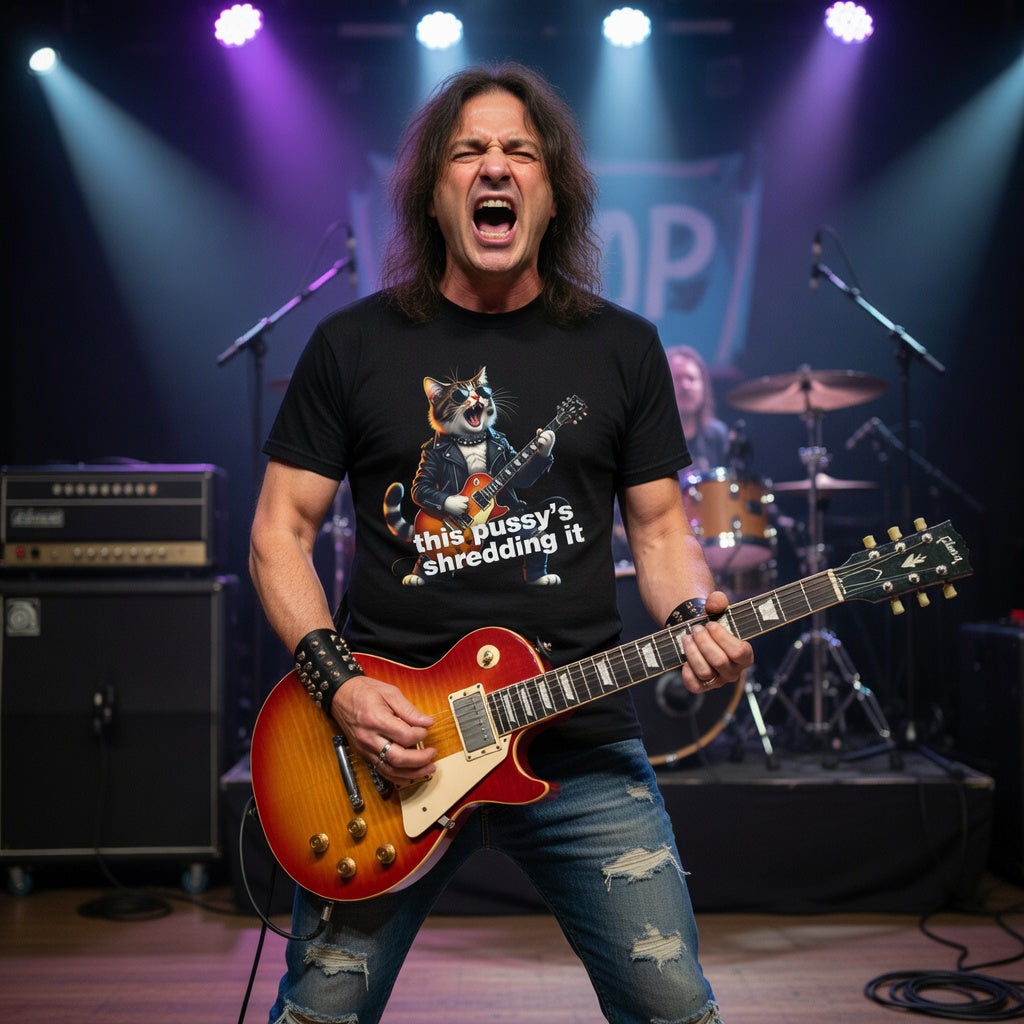 Cat rock guitar player with Black t shirt design, cat playing guitar this pussy's shredding it