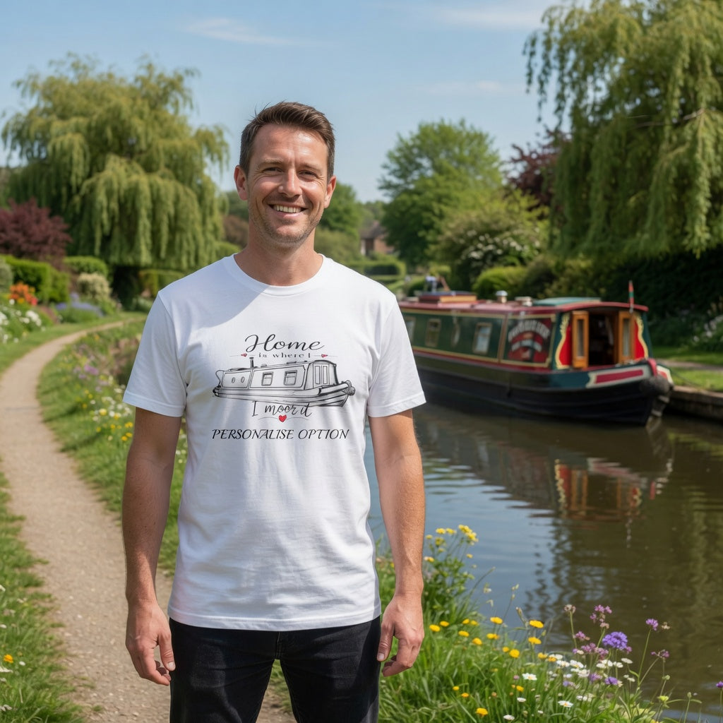 Man wearing a white t-shirt with a boat graphic and text, home is where I moor it. Standing by a canal with a boat in the background.