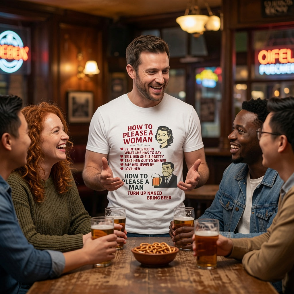 A man in a white graphic t-shirt stands at a wooden bar table with three other friends holding beer glasses, laughing and talking. The t-shirt features a red and black text graphic titled 'HOW TO PLEASE A WOMAN / HOW TO PLEASE A MAN'.