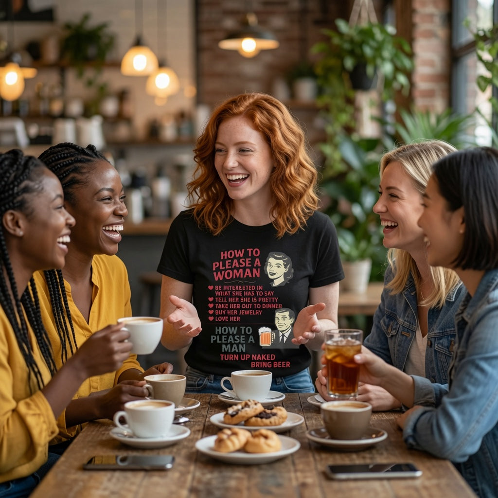 A group of four women laughing and drinking coffee around a wooden table in a cozy cafe setting. The central woman is wearing a black graphic t-shirt with a humorous 'How to Please a Woman' print.