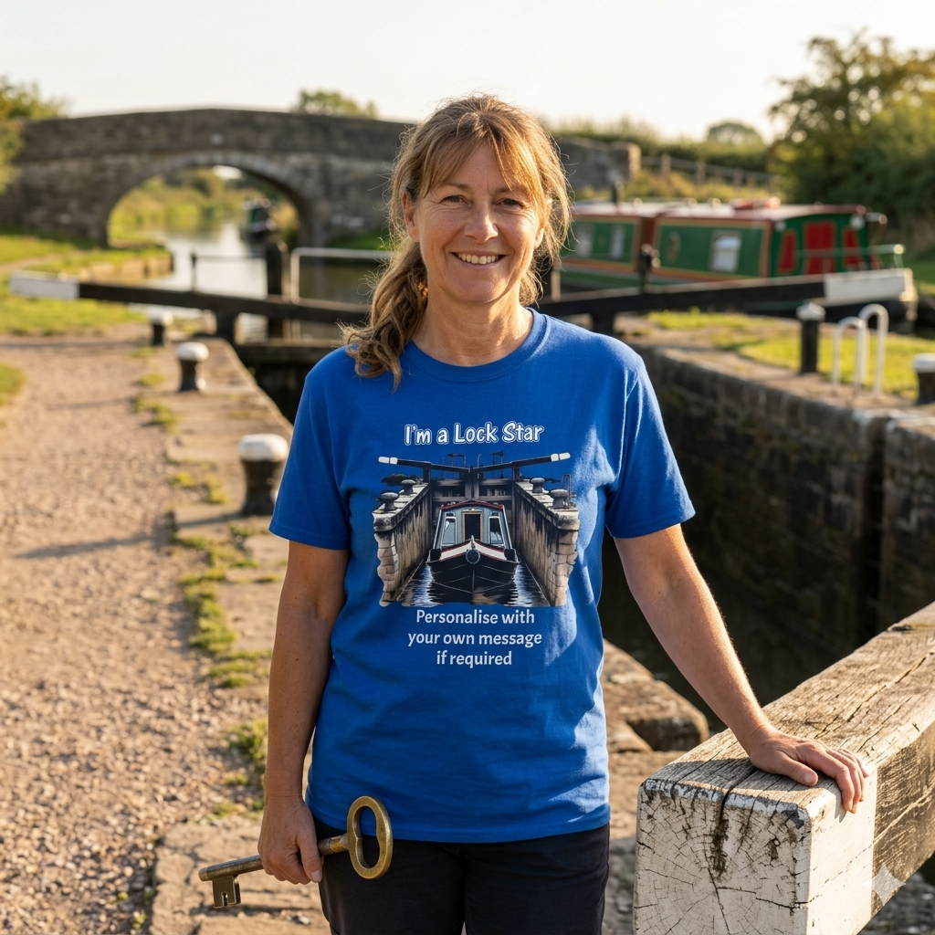 Woman wearing a blue t-shirt with a canal  lock star  design and text, standing by a canal lock.