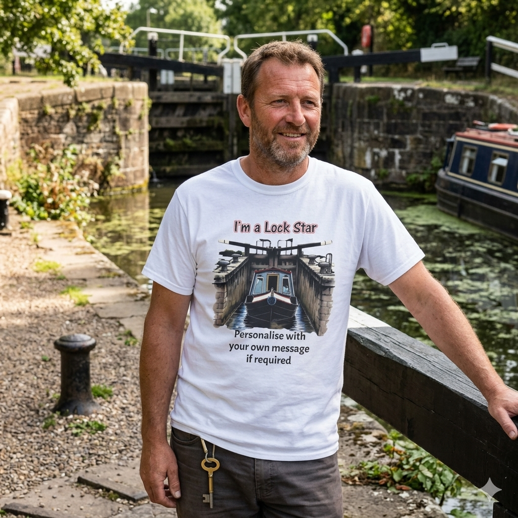 Man wearing a t-shirt with a i'm a lock star canal design and text,  option to personalise standing by a canal lock.