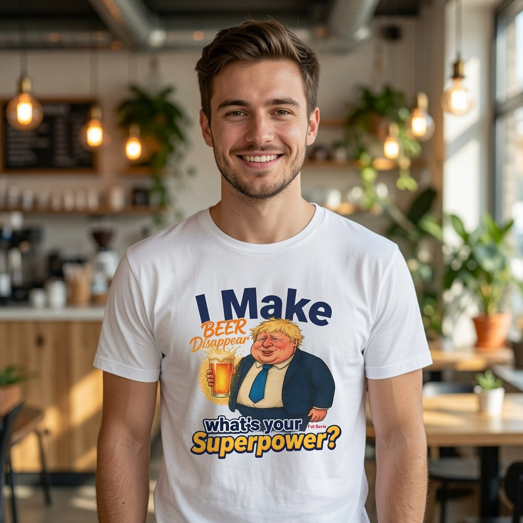 A smiling man wearing a white graphic t-shirt in a cosy, softly lit cafe environment. The t-shirt features a cartoon illustration of Boris Johnson holding a beer mug with the text 'I Make BEER Disappear what's your Superpower?'.
