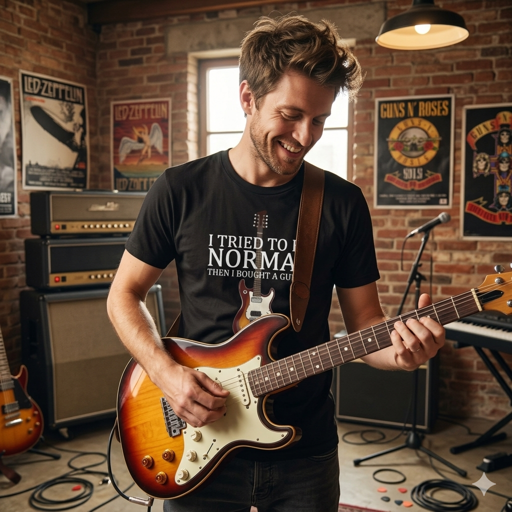 Main Image: A male musician in a brick-walled practice room smiling and playing a sunburst electric guitar while wearing the "I tried to be normal then I bought a guitar" t-shirt from the Fat Boris Store.