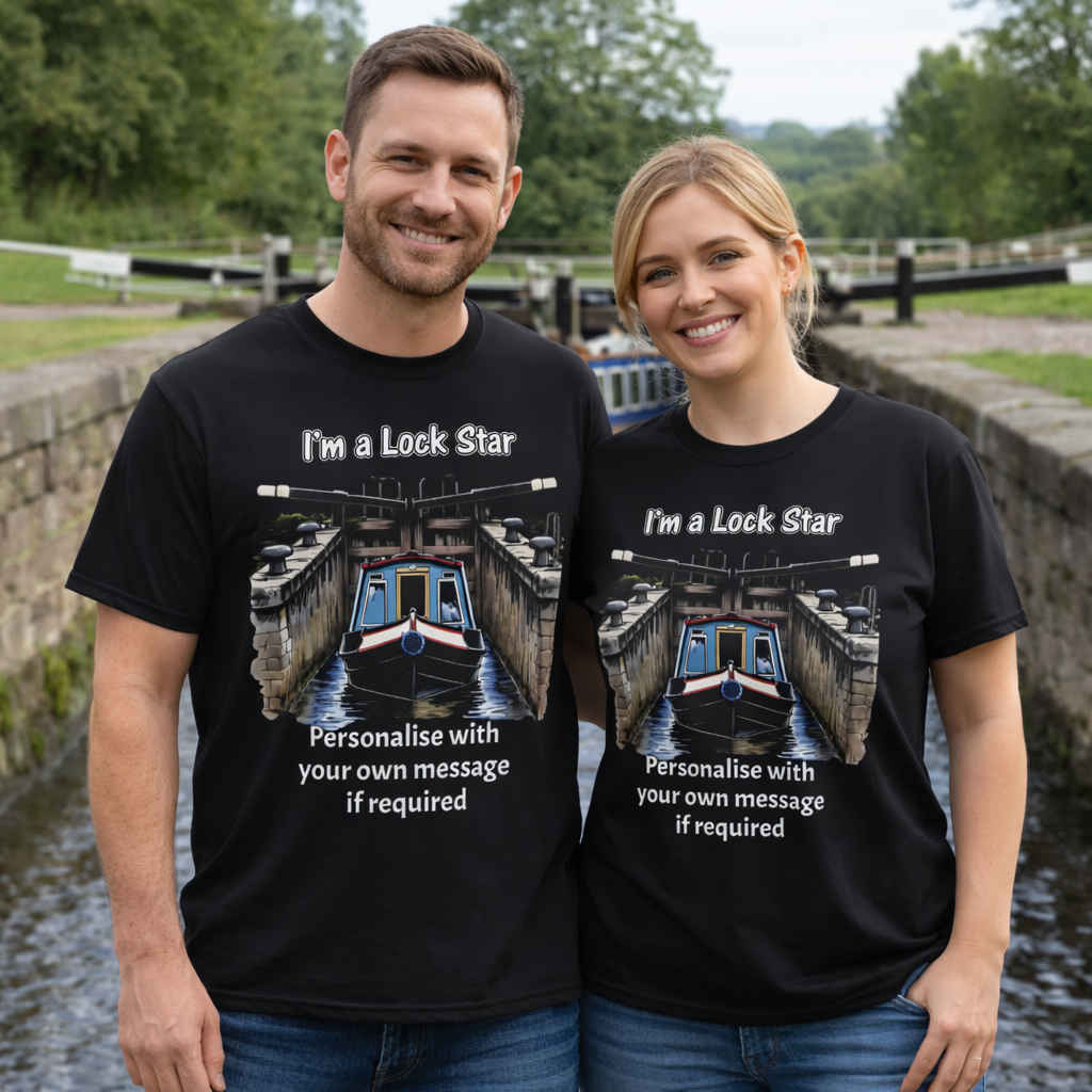 Two people wearing black t-shirts with a i'm a lock star canal  design and text.