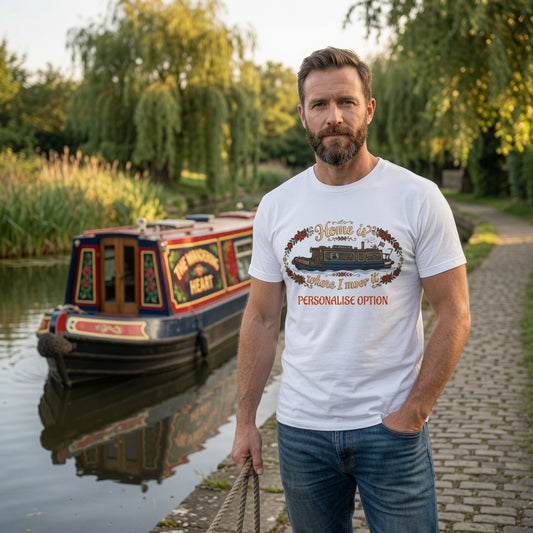 A man wearing a white graphic t-shirt  with graphic home is where i moor t stands on a cobblestone path next to a canal, with a narrowboat and green trees in the background.