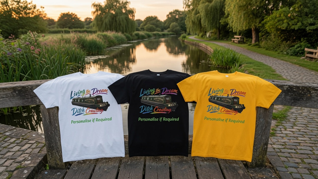 Three graphic t-shirts in white, black, and yellow are displayed on wooden posts by a canal at sunset. Each shirt features a colourful print of a canal boat and the text 'Living Dreaming Ditch Crawling   Personalise If Required'.